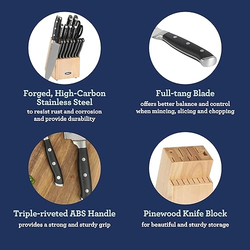 Miniatura 4 de Oster Ginley Juego de 18 cuchillos de cocina de acero inoxidable de alto carbono con ABS triple remachado forjado mango bloque de madera - negro -