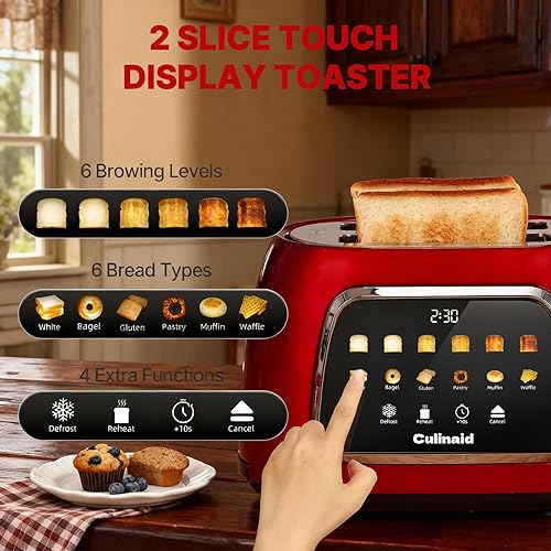 Miniatura 6 de Tostadora de 2 rebanadas con pantalla táctil inteligente, tostadora digital retro de 1.5 pulgadas con ranura extra ancha de acero inoxidable con