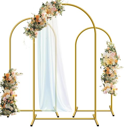 Hemmotop Metal Arch Backdrop Stand, Gold, Set of 3, 6FT, 5FT, 4FT | Easy to Assemble, Square Stable Base, Fits Balloon, Garden Decor, Floral - Arches for Wedding, Birthday, Baby Shower Party