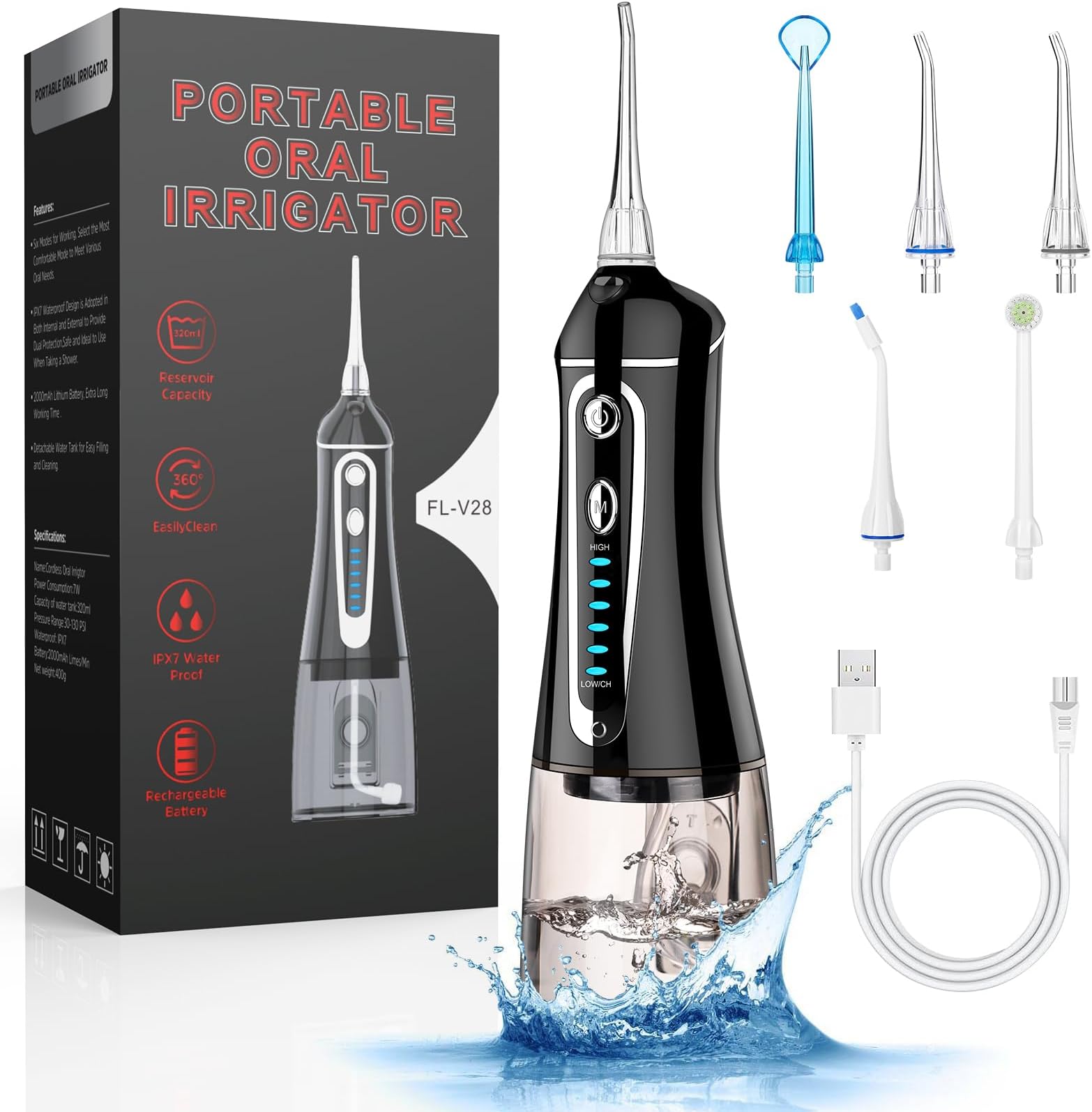 Cordless Water Flosser for Teeth, Rechargeable Oral Irrigator with 7 Settings for Braces & Adults โ FZCOK Portable Dental Flosser for Home Travel, Waterproof, Long Battery Life (Black)