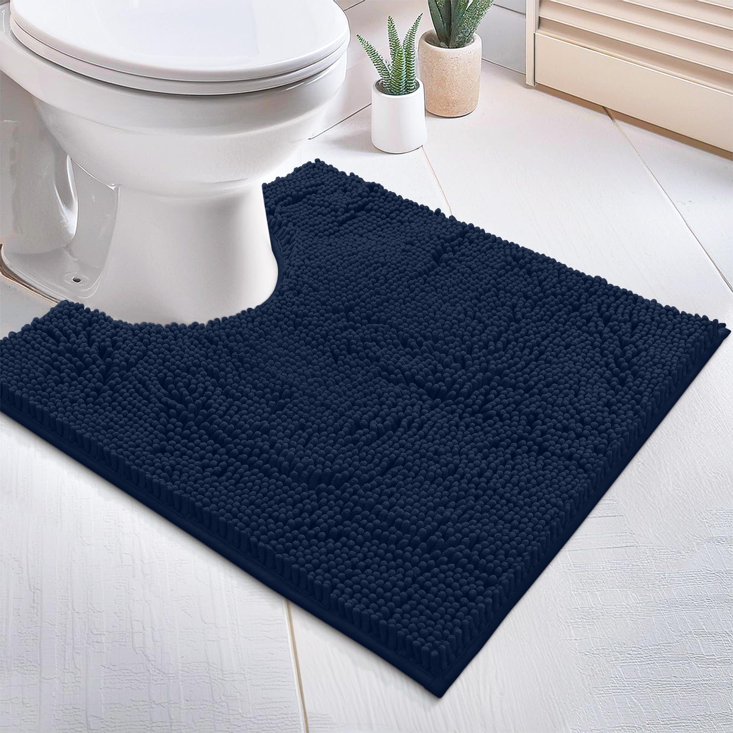 Bathroom Rugs Sets 2 Piece, Luxury Chenille Bath Mat Set, Soft Plush Anti-Slip Bath Rug + U-Shaped Toilet Mat. Microfiber Shaggy Carpet, Super Absorbent (24” x 36” & 20” x 24” U, Navy)
