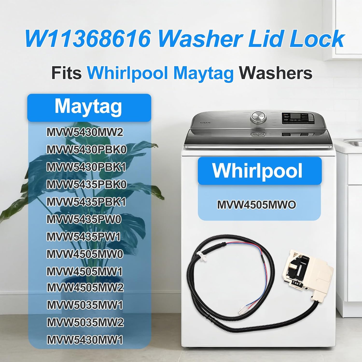 W11368616 W11670519 Washer Lid Lock Assembly，Compatible with Maytag &Whirlpool Washer ，Replaces MVW4505MW0, MVW4505MW1, AP7214714, PS17215992,Part Number: PD00085482,4981394, etc.