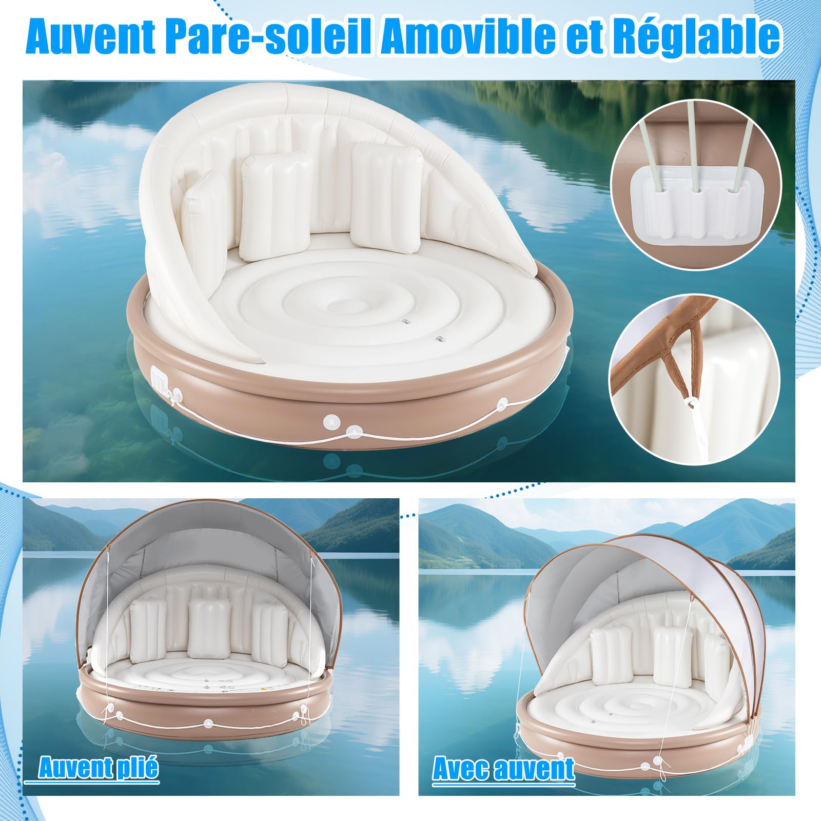 GYMAX Matelas Piscine Gonflable avec Auvent Détachable pour 2-3 Adultes