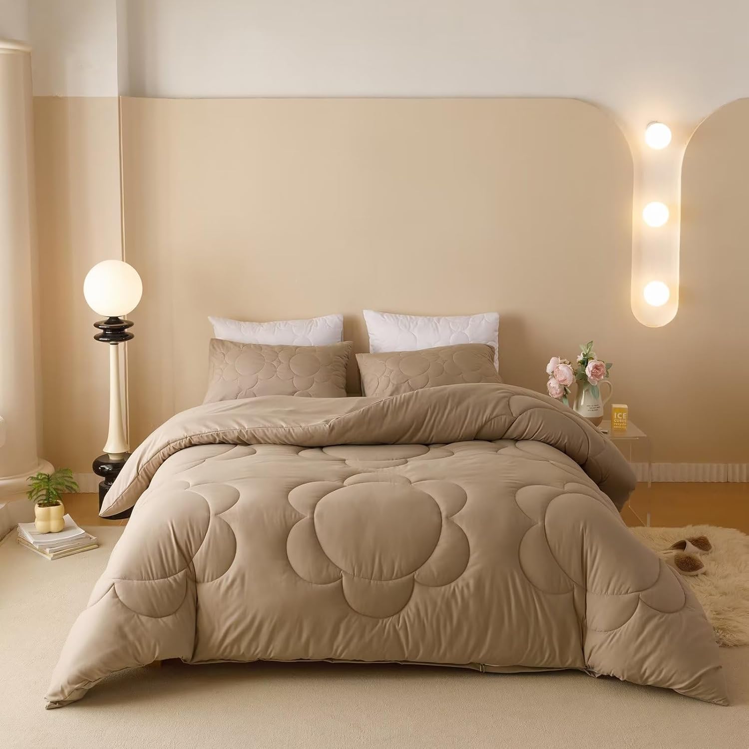 Houseri Cream Brown Floral Comforter Set Queen Dark Khaki