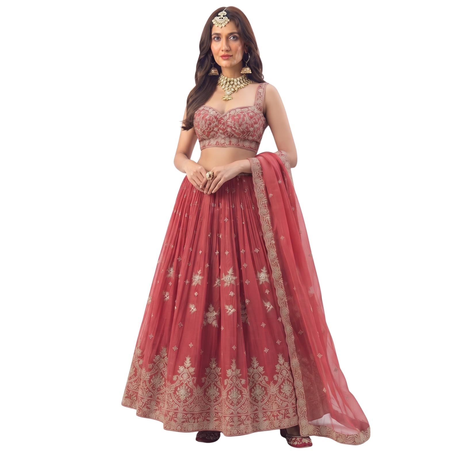 Women’s Semi-Stitched Red Chinon Silk Zari & Sequin Thread Embroidered Lehenga Choli with Chinon Silk Dupatta-image-46