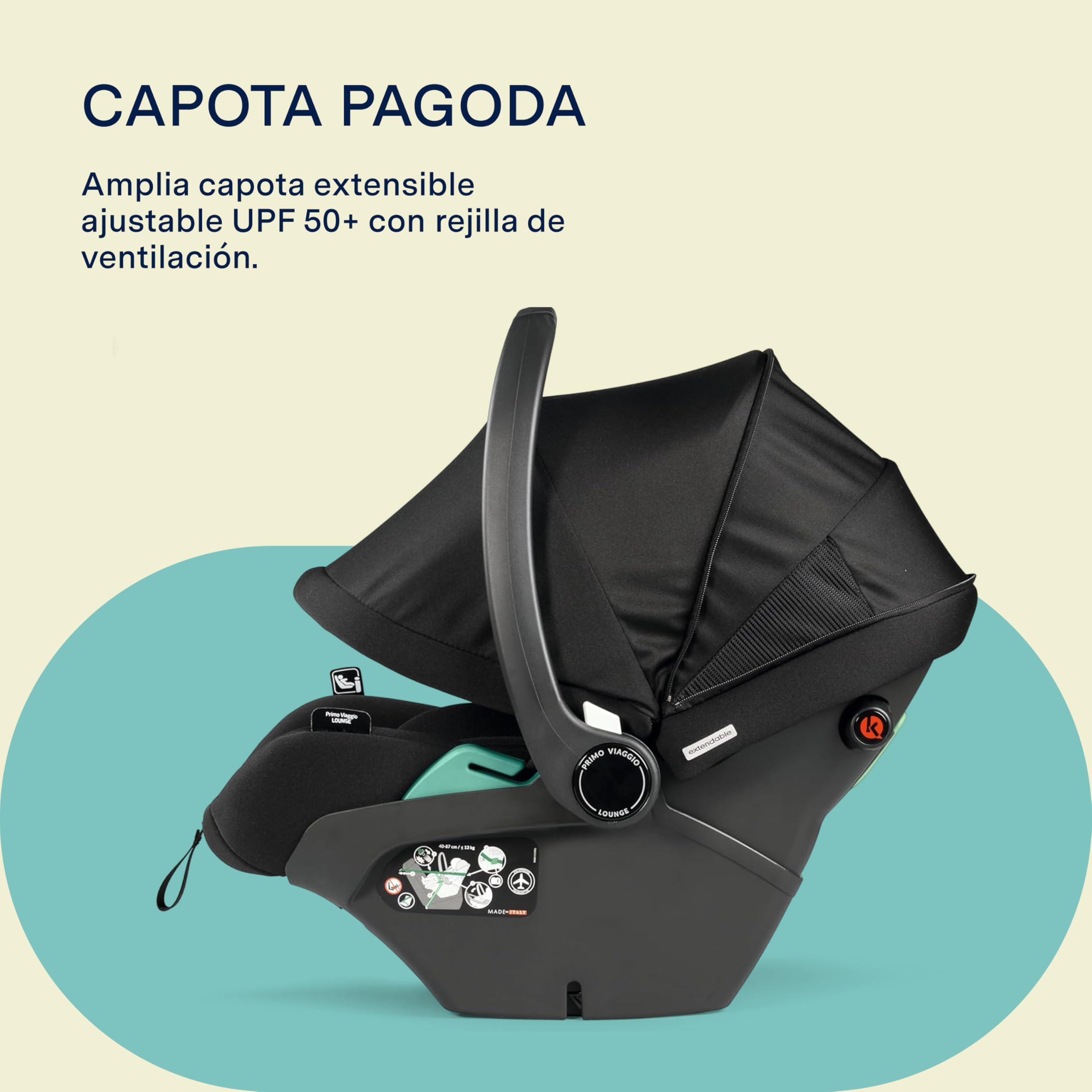 PEG Primo Viaggio Lounge Silla de Coche i-Size Recién Nacido Reclinable, 40-87 cm, 0-15 meses, 0-13 kg, Capota UPF 50+, Protecciones Laterales, Compatible con Cochecitos PEG, Onyx