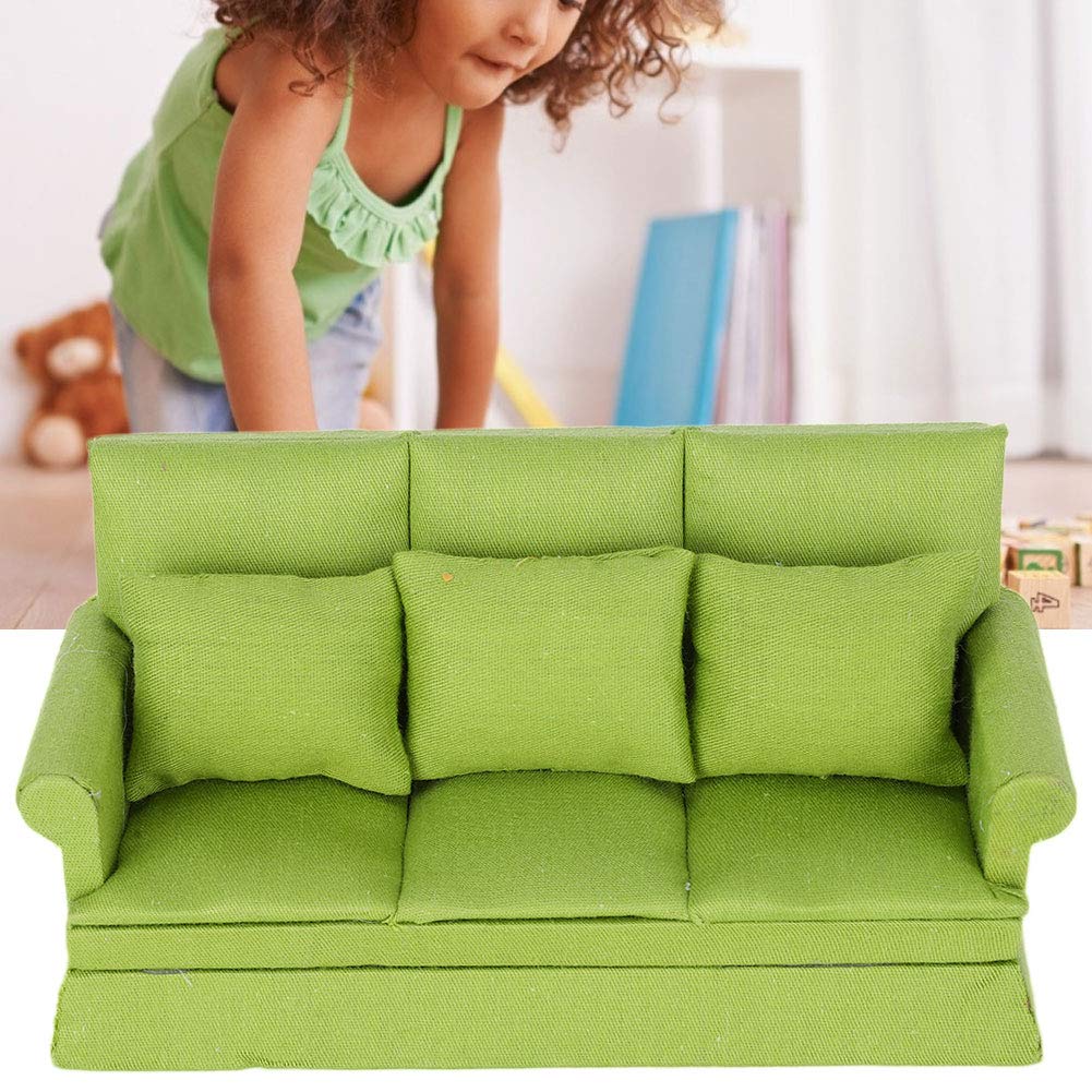 KENANLAN Mini DIY Dollhouse Sofa 1:12 Doll House Mini Sofa with 3pcs Pillow Living Room Furniture Wooden Doll House Decoration Accessories (Green) - Image 2