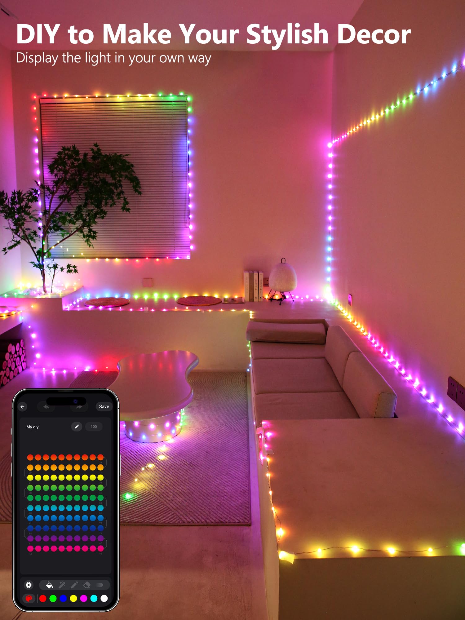 Brizled Smart Fairy Lights, App Controlled Bluetooth Fairy Lights, 33ft 100 LED USB Power Color Changing RGB Christmas Lights, Dimmable LED String Lights for Xmas Party Room Camping Patio Garden Decor