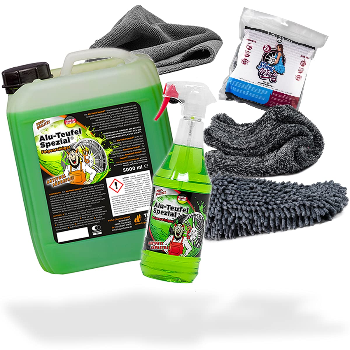 detailmate Juego de Limpieza de Llantas: Tuga Chemie ALU-Teufel Limpiador Llantas 1L + Tuga Chemie ALU-Teufel 5L + Juego de Limpiador Llantas Shiny Wheels con paño y Guante Lavado + paño Microfibra