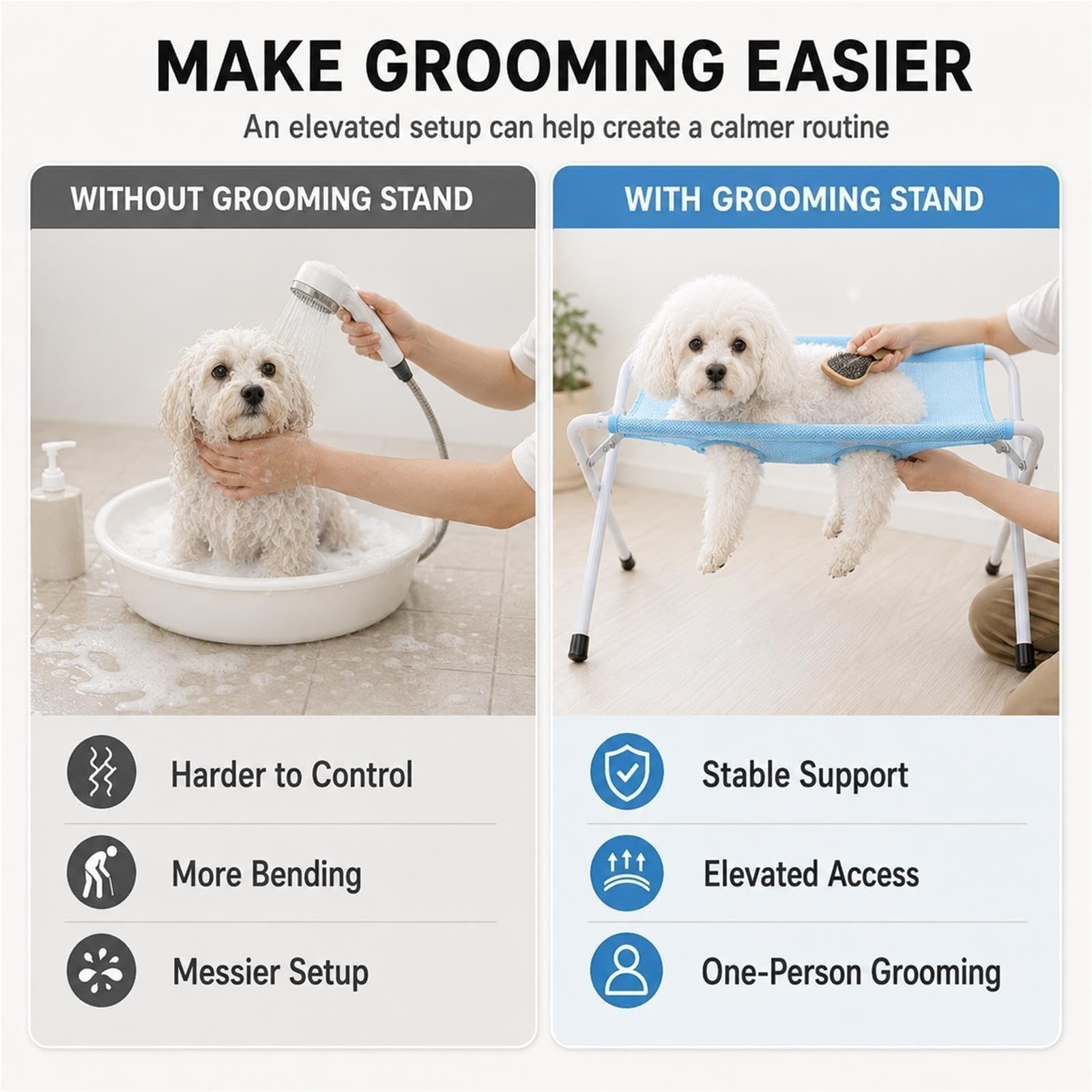 Hamac de Toilettage Chien sur Pied Pliable Table de Bain Coupe Griffes