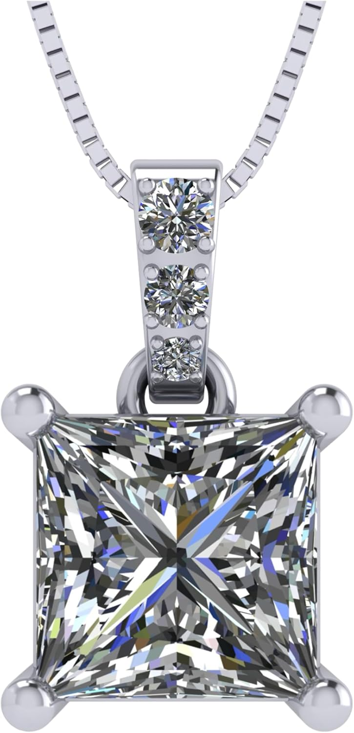 Princess Cut Solitaire Necklace, 4 Prong Sterling Silver w/Pure Brilliance Zirconia, 6.0mm, 7.0mm & 8.0mm