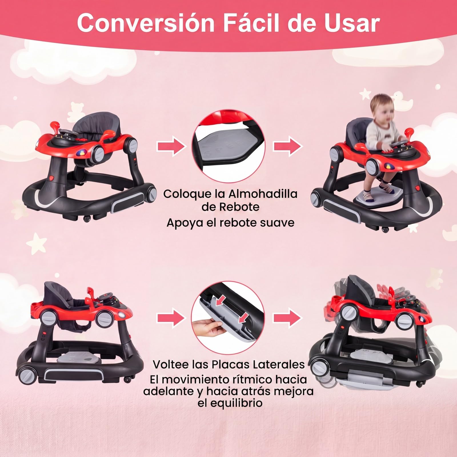 COSTWAY 7 en 1 Andador Bebes con Capota, Tacata Bebe Plegable con Altura y Velocidad Regulables con Modo Mecedora, Música, Luces y Diseño Antivuelco,Caminador para Bebe de 7-18 Meses (Negro y Rojo)