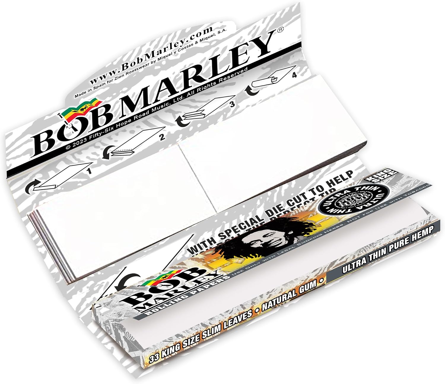 Bob Marley Rolling Paper - King Size (110mm) Ultra Thin Paper With Tips! - Box of 24 Booklets! (33 Leaves + Tips Per Booklet)