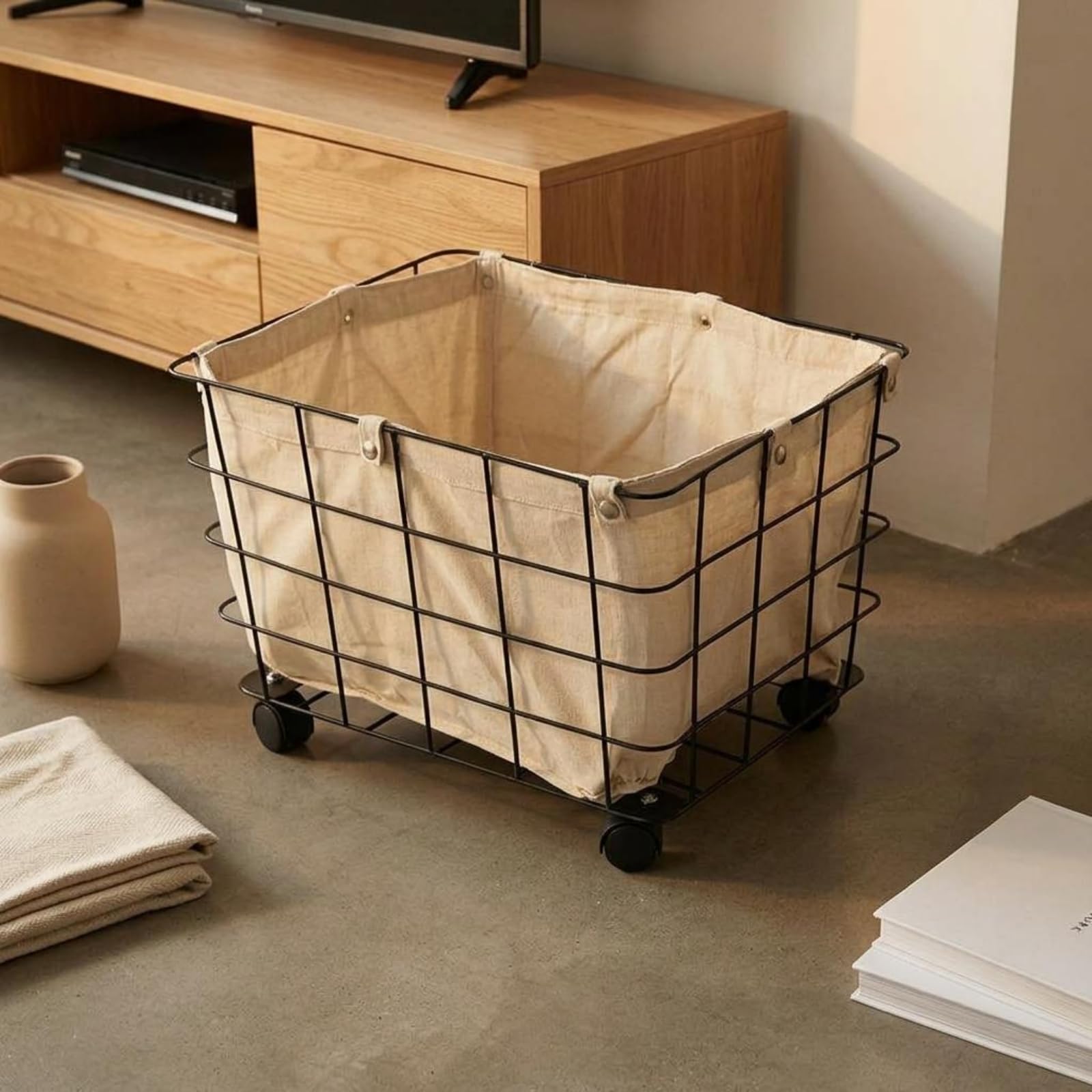 Cesto Porta Giochi Sfoderabile Cesto con Ruote Rettangolare Carrello Biancheria Pieghevole, Nero, Grande