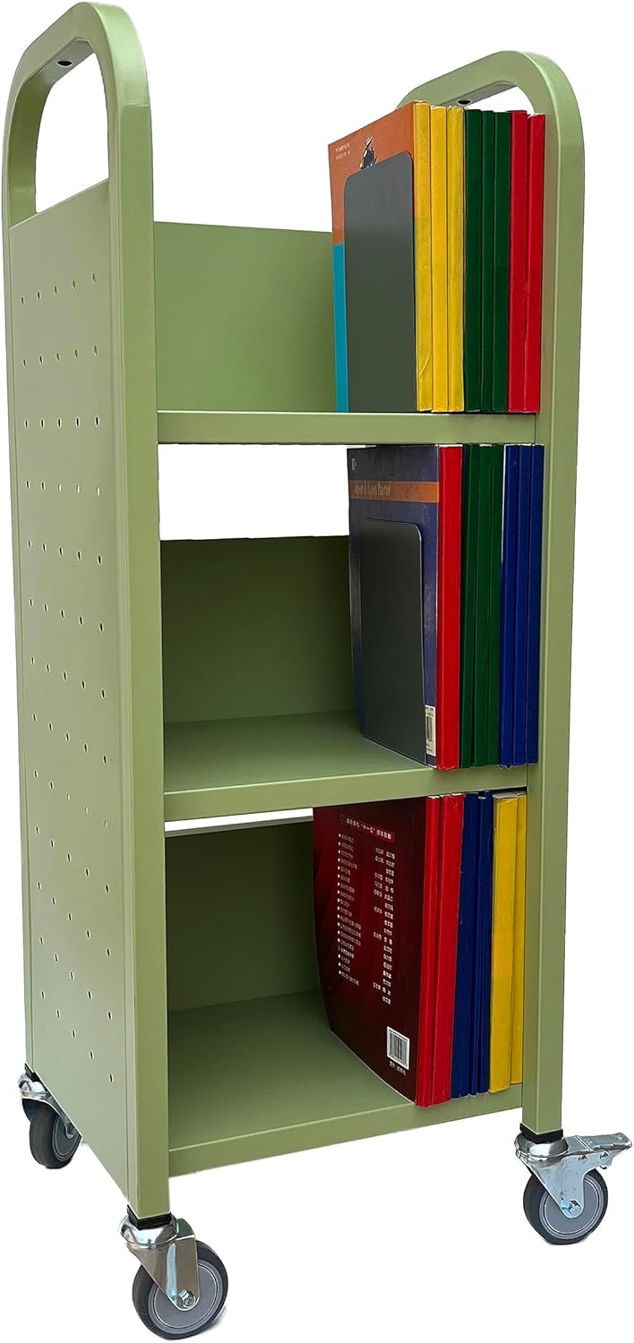 Workington Single Bank Rolling Book Truck Book Cart with 3 Flat Shelves, Library Book Cart with Swivel Lockable Casters 3000 Apple Green