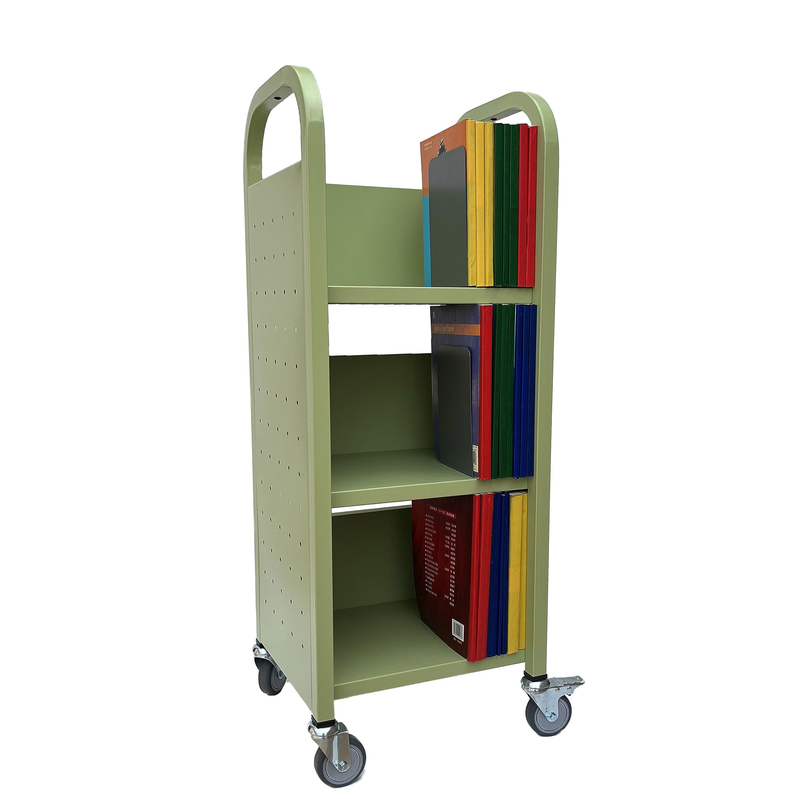 Workington Single Bank Rollbuchwagen mit 3 flachen Ablagen, Bibliotheksbuchwagen mit drehbaren feststellbaren Rollen, 3000 Apfelgrün