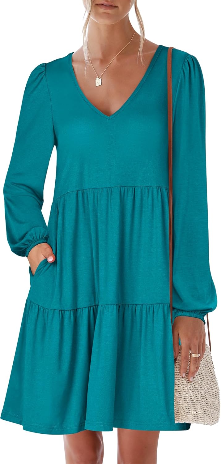 ANRABESS Womens Long Sleeve Dress 2025 Fall Casual V Neck Tiered Flowy Short Dresses Beach Travel Vacation Outfits