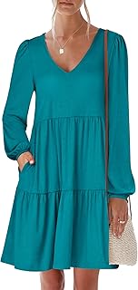 Womens Long Sleeve Dress 2026 Fall Casual V Neck Tiered Flowy Short Dresses Spring Beach Travel Vacation Clothes