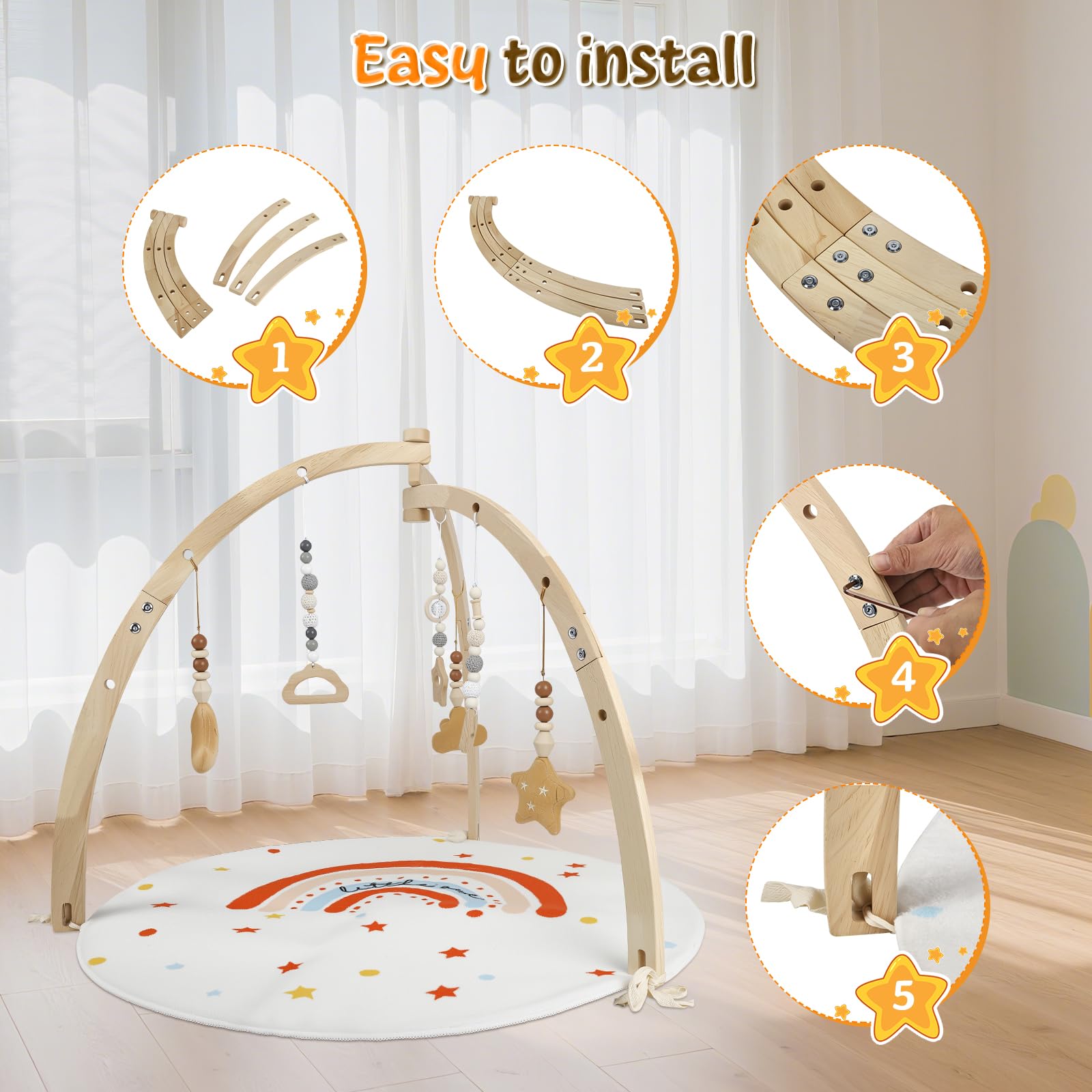 Spielbogen Baby Aus Holz,Geschenke Für Neugeborene,Babyparty Geschenk | Mit 6 Abnehmbaren Spielzeugen Zum Greifen,Spieldecke Baby Mit Bogen,Baby Spieldecke Für 0-18 Monate