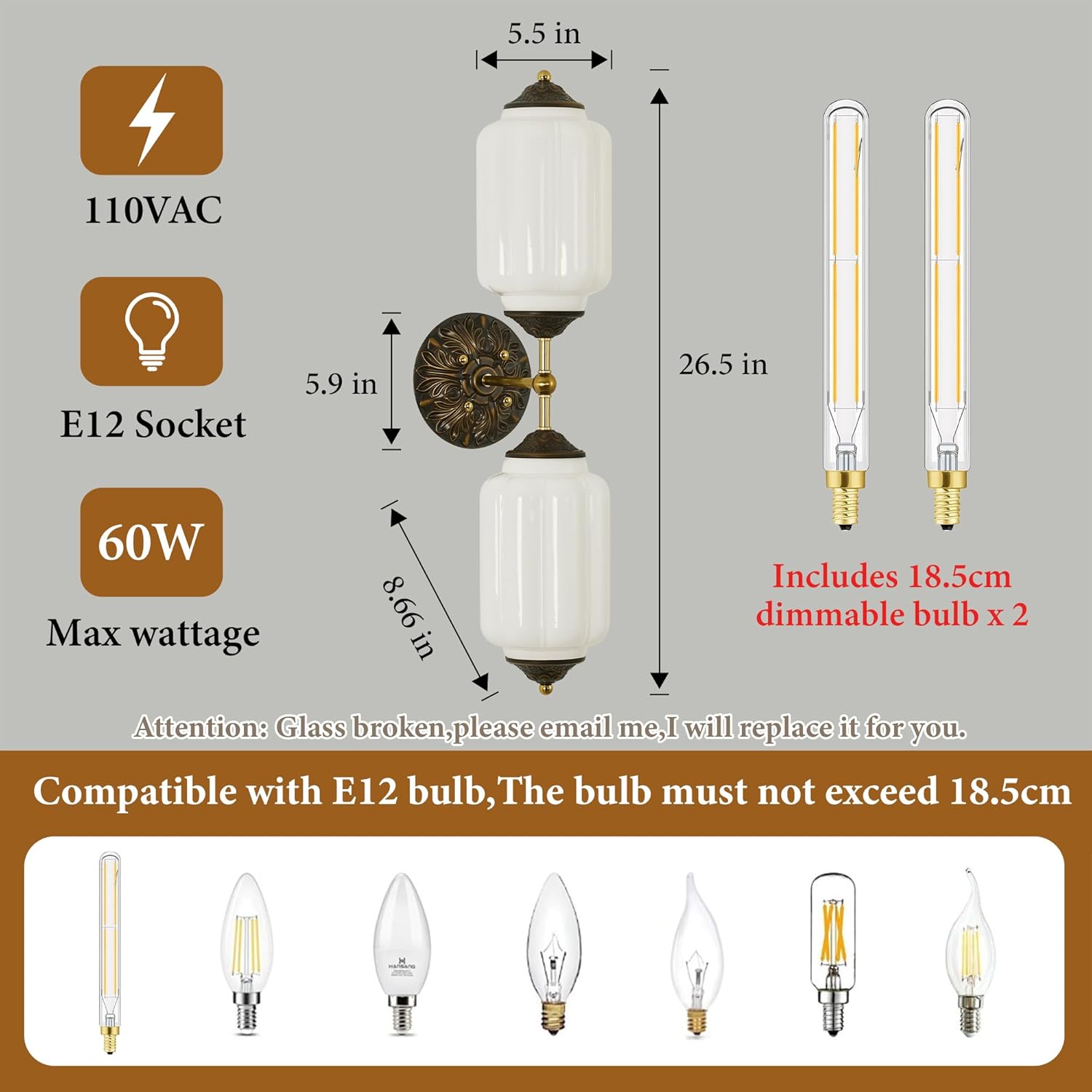 Vintage Milk Glass Bathroom Wall Sconce - 25" Mid Century Dimmable Vanity Light with Bulb - Vertical or Horizontal Mounted Sconces - Modern Brass Gold Lighting Fixture for Indoor Bedroom Hallway Decor