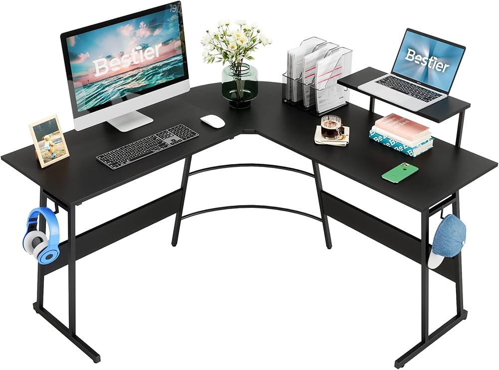 DOMY HOME ゲーミングデスク l字 pc デスク L字 パソコンデスク L字デスク コーナー デスク オフィスデスク デスク L字 机 ワークデスク オフィスデスク LED付き (幅129CM, ブラック)