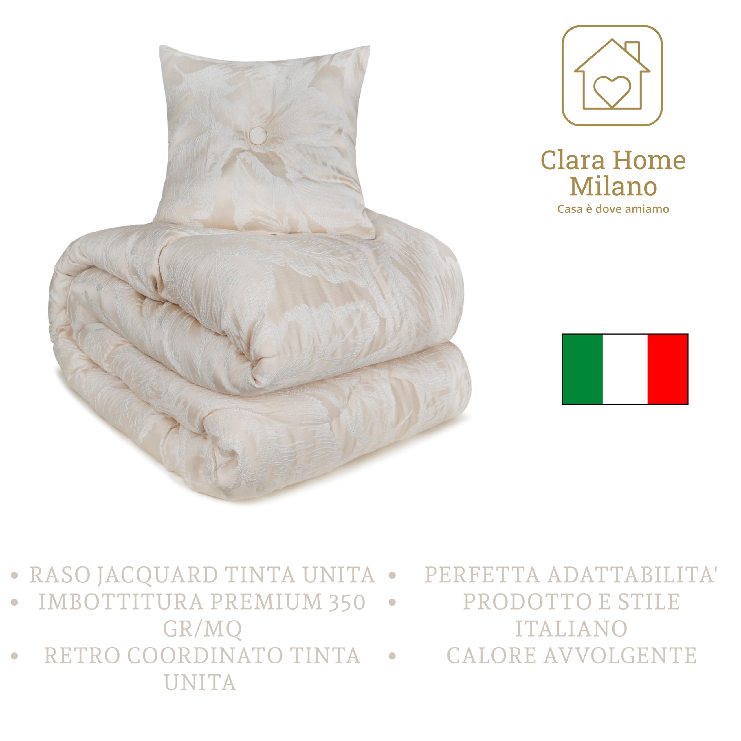 Trapunta Invernale Matrimoniale in Raso Jacquard,Panna Tortora e Grigio, 260x270 cm, con Cuscino Arredo Coordinato (Panna)