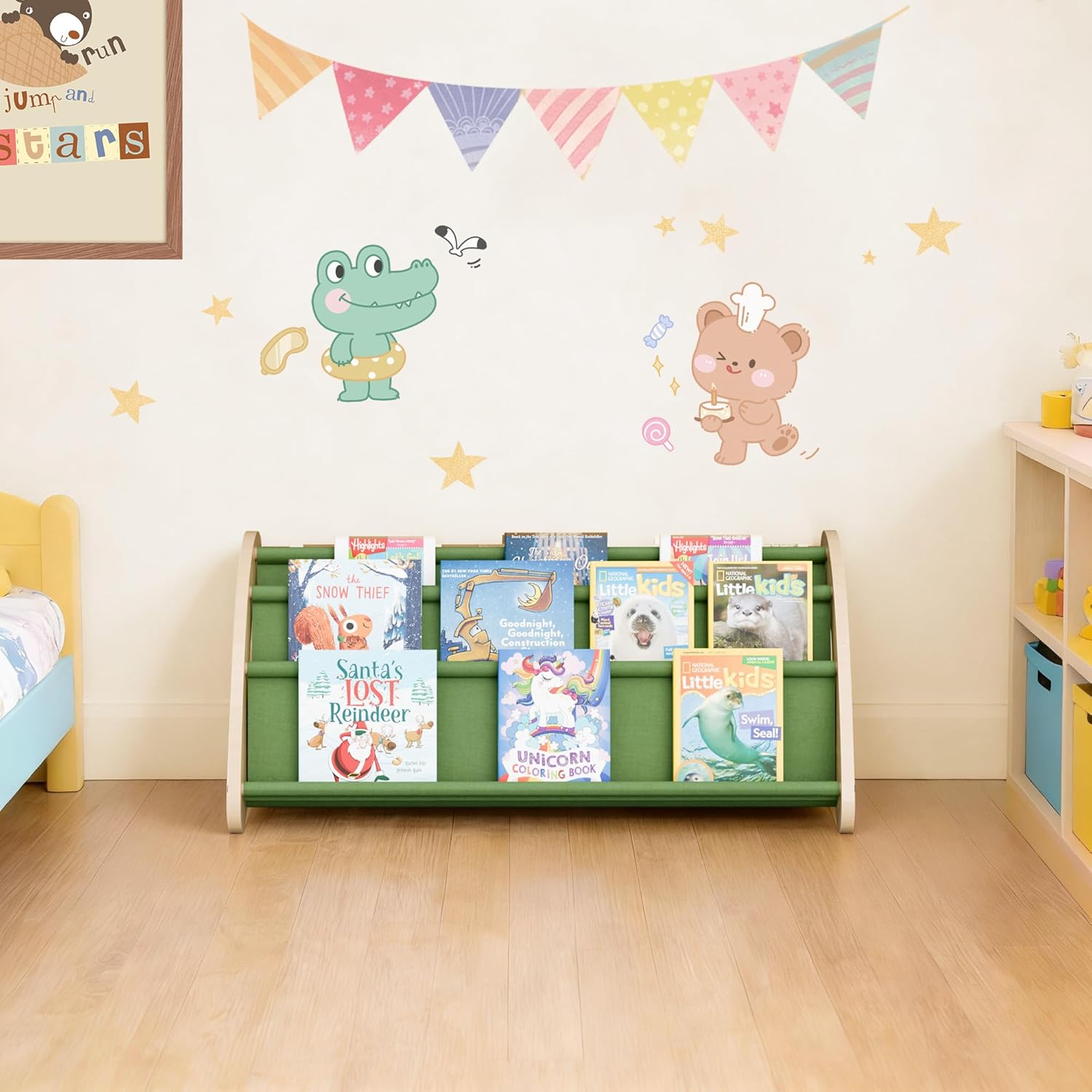 Kids Bookshelf - 4-Tier Montessori Book Shelf for Kids Rooms, Easy Installation, Eco-Friendly Wooden Storage Organizer 28.7” x 15.7” x 13.6”Natural/Green