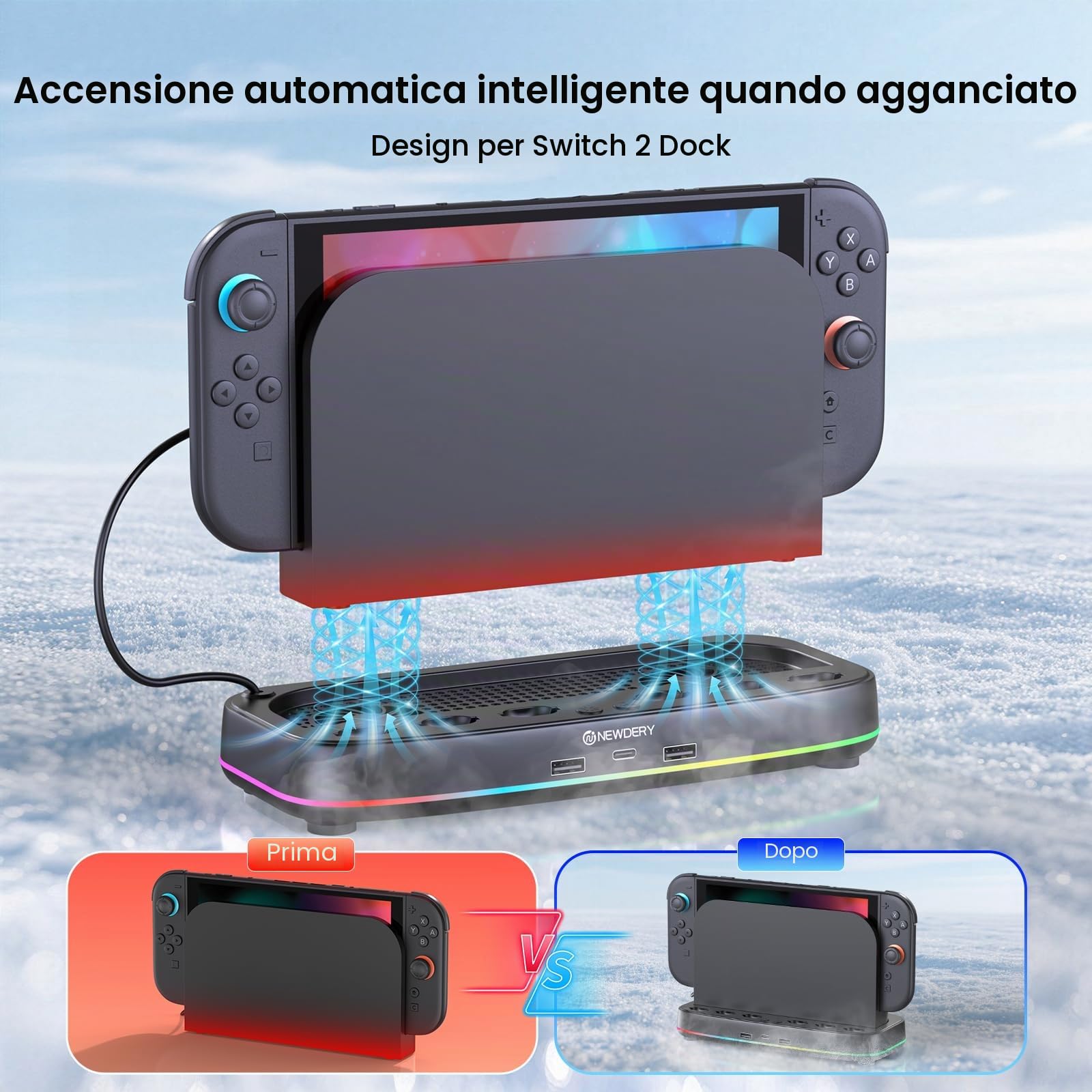 NEWDERY Ventola Compatibile con Nintendo Switch 2, Spazio per 6 Carte di Gioco & 3 Uscite USB, Raffreddatore Switch 2 con Illuminazione RGB, Doppia Ventola a 3 Velocità