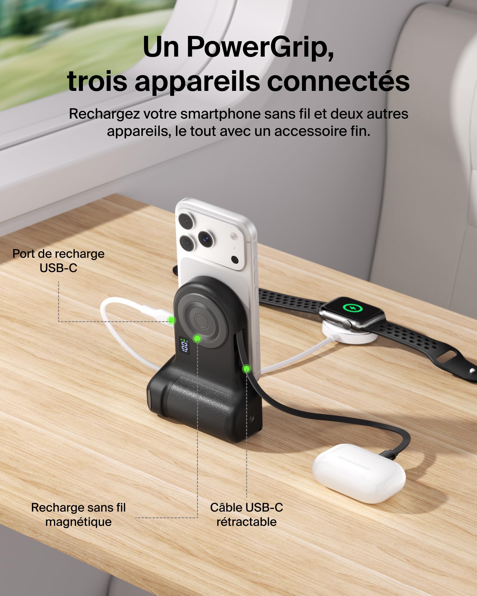 Belkin Stage PowerGrip, Poignée Photo Magnétique et Batterie Externe 9300mAh, Câble USB-C Rétractable, Connexion Bluetooth, Fixation pour Trépied, Écran LCD, Power Bank pour iPhone, Pixel et Plus