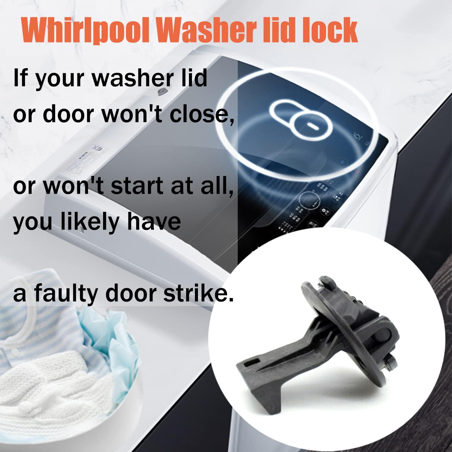 Image showing a washing machine with a faulty lid lock symbol and the replacement part