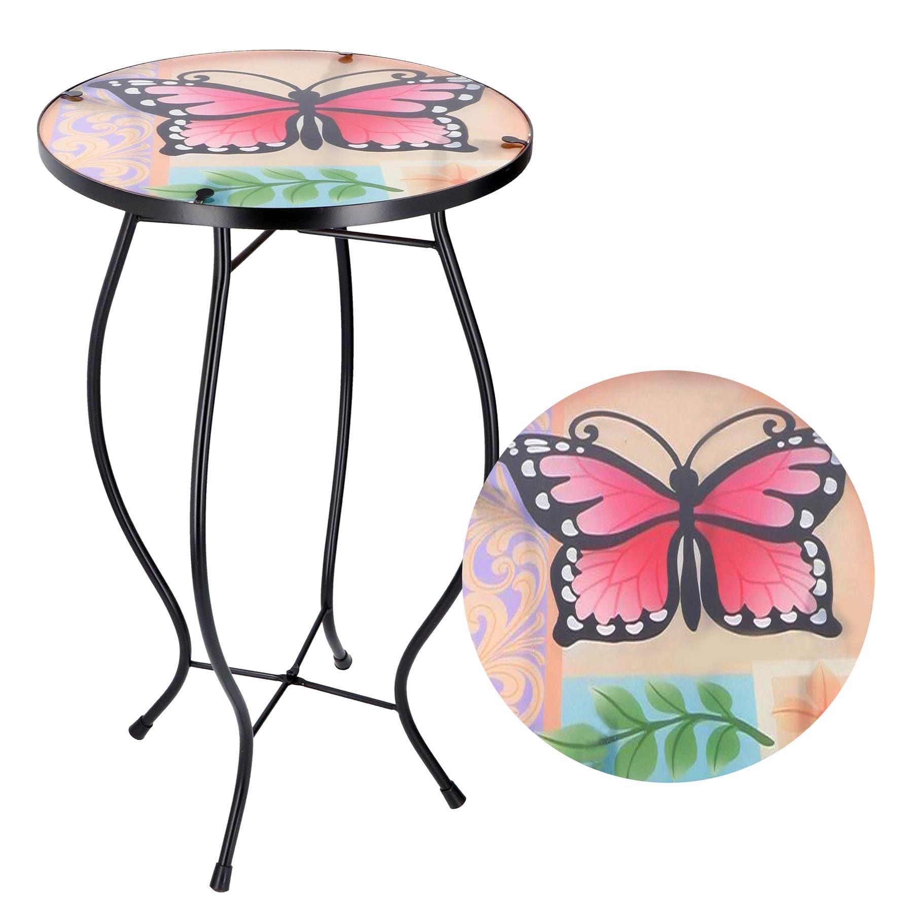 GEEZY Mosaic Garden Table – Large Butterfly Design, Weatherproof Glass & Iron, Small Round Outdoor Patio Coffee Versatile Bistro Side Table Plant Stand for Home & Gift, 30.5 cm, Garden Tables Only