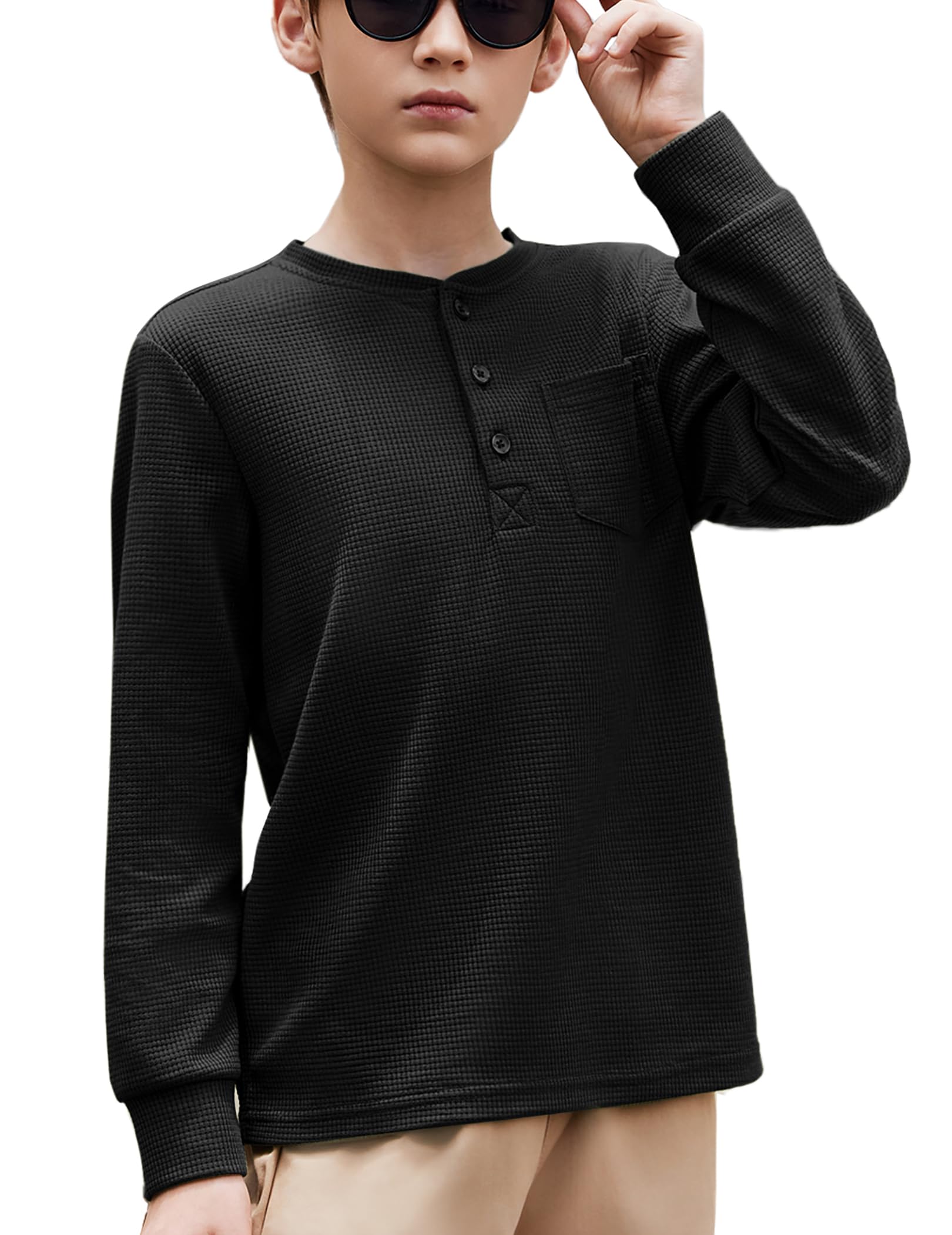 Arshiner Jungen Langarmshirt Henleyshirt Kinder Einfarbig Oberteile Top Frühling Herbst Winter Basic Langarm Freizeit Tshirts mit Brusttasche für Junge 5-12 Jahre