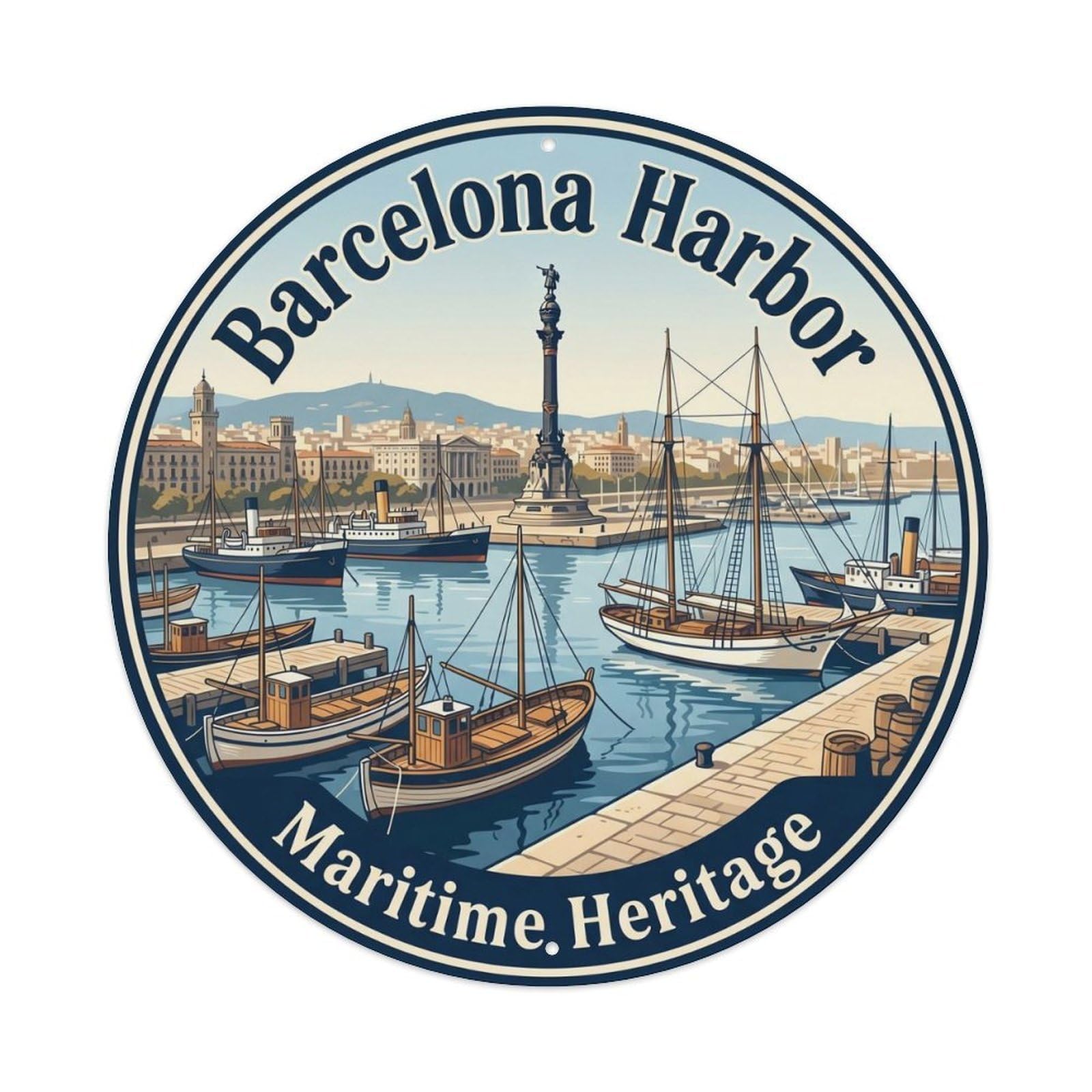 Catalan Barcelona Harbor Maritime Vintage Architecture Guide Metal Tin Sign Plaque Wall Decor for Cafe, Man Cave, Club Bar, Office, Home Garden Round Metal Poster 8x8Inch