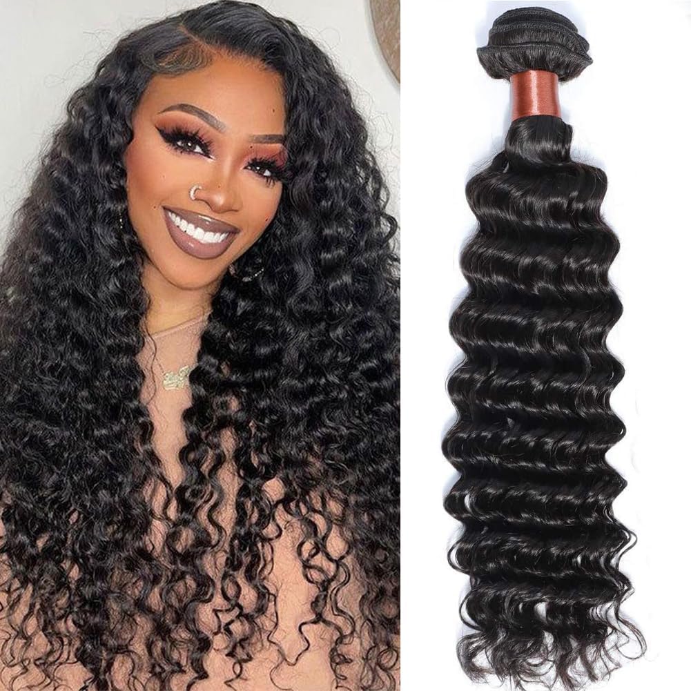 BLACKMOON HAIR Brazilian Virgin Hair Deep Wave One Bundle Unprocessed Virgin Human Hair Extension Deep Curly Hair Weave Natural Black Color (14 Inch)