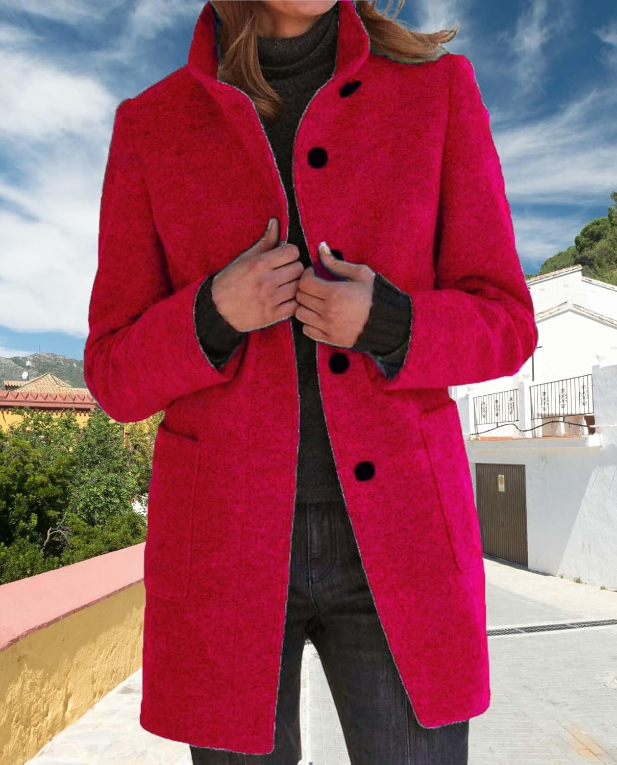 Womens Winter Long Vintage Solid Color Coat Wool Blend Standing Collar Button Thickened Jacket - Image 5