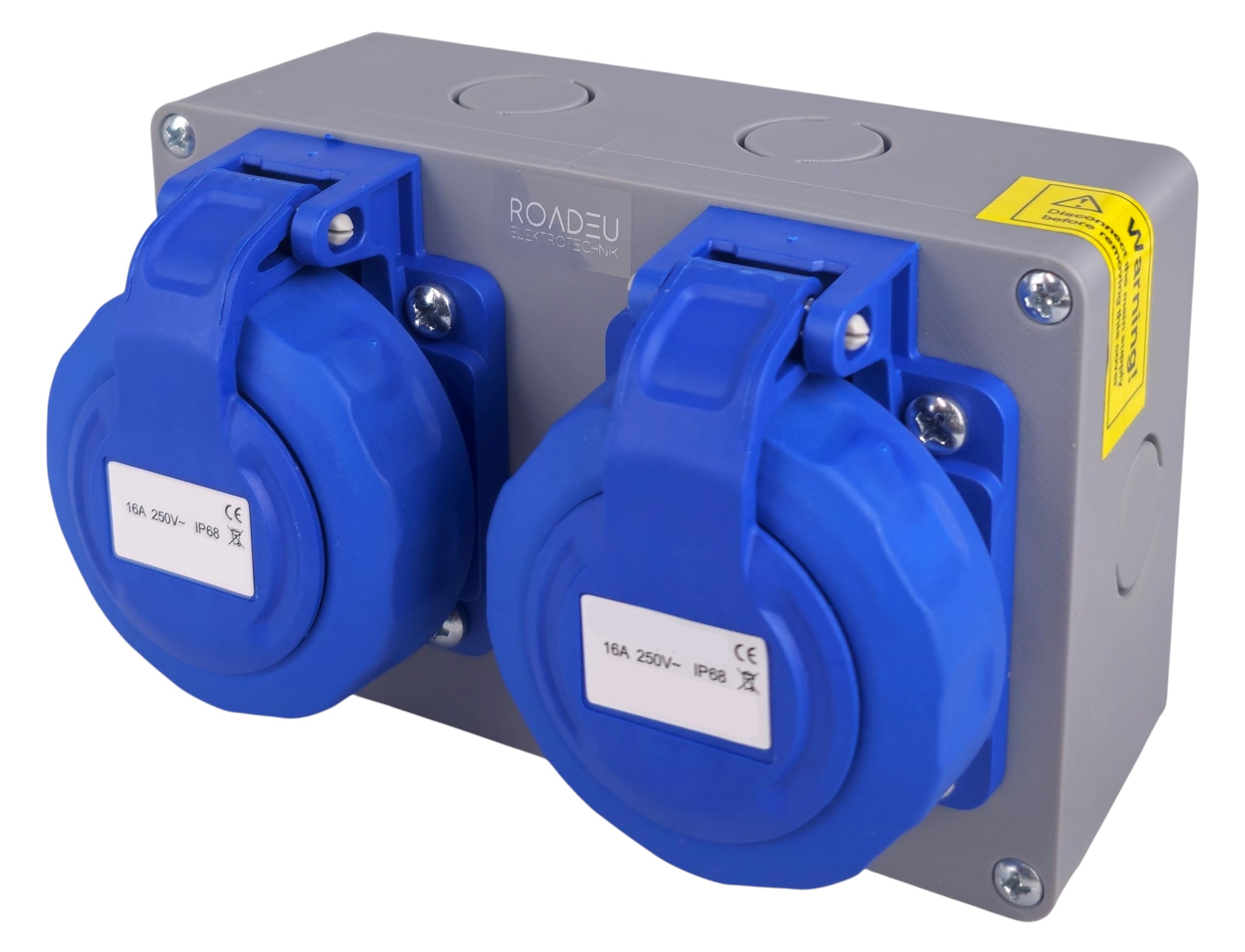 RoadEu – Doppelsteckdose 2x Schuko 230V 16A IP65 Wasserdicht | Baustromverteiler mit Schraubkappen | 2,5 mm² Verdrahtung & Außensteckdose