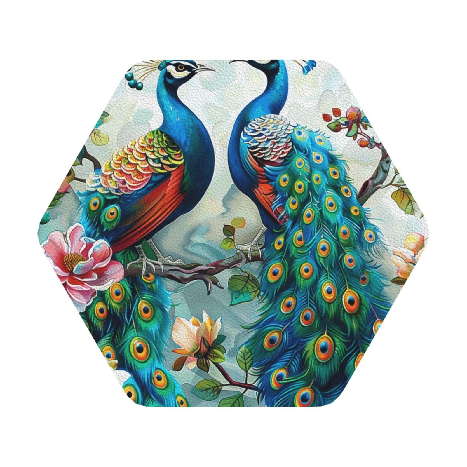 Beautiful Peacock Flowers Print Leather Coaster Set of 6, Hexagon Coasters Table Decorative Coffee Cup Beverage Coasters Wine Beer Bar Coasters for Hot Drinks Table Protection