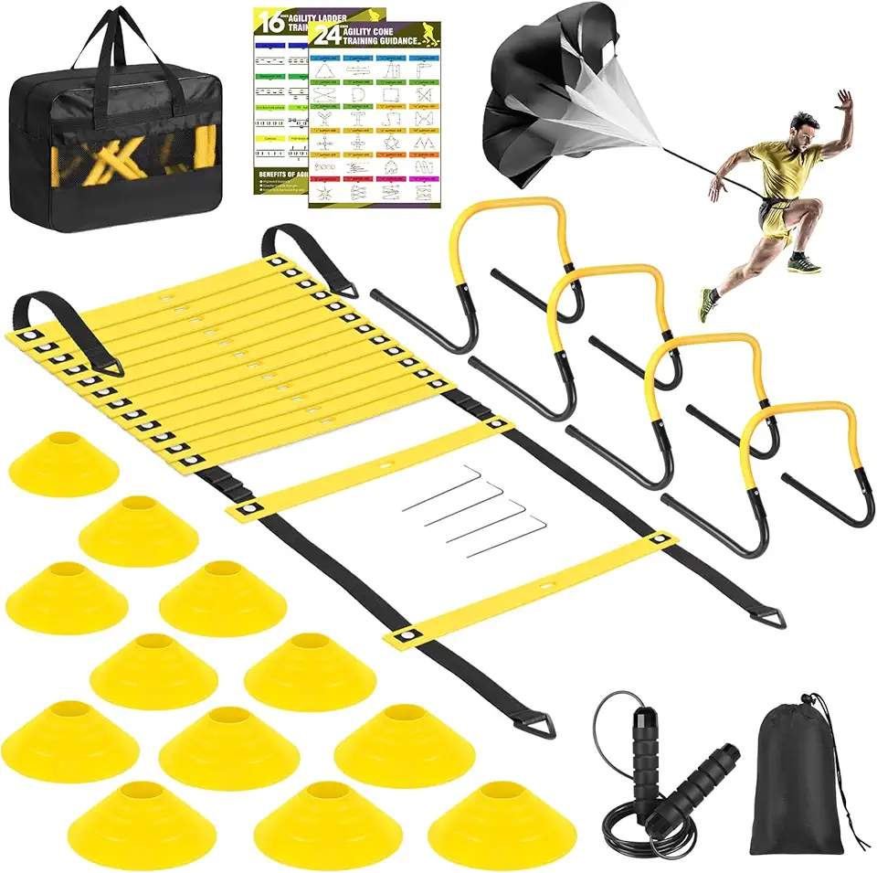 Agility Ladder, Soccer Speed Training Equipment, Football Practise Set with 20ft Ladder, 12 Cones, 4 Adjustable Hurdles, Jump Rope, Parachute, for Basketball, Football, Kids, Youth, Adults product image