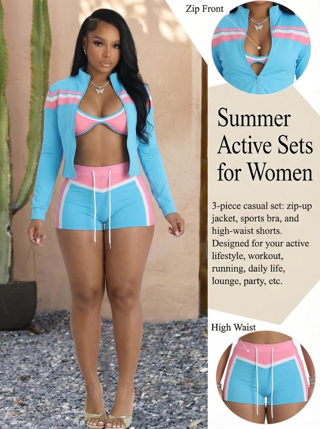 Ophestin Women 2 Piece Outfit Colorblock Short Sets Long Sleeve Zip Up Jacket Sweatsuit Set with Bra Going Out Vacation