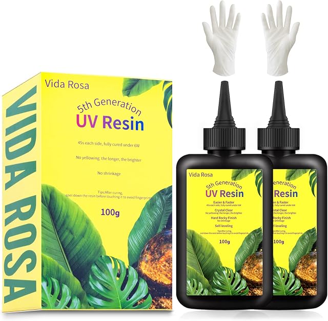 VidaRosa UV Resin 200g Hard Type Crystal Clear for Resin Art, Jewelry Making, Crafts DIY, Casting & Coating, Fastest Curing UV Resin Glue, Yellowing Resistant,with gloves