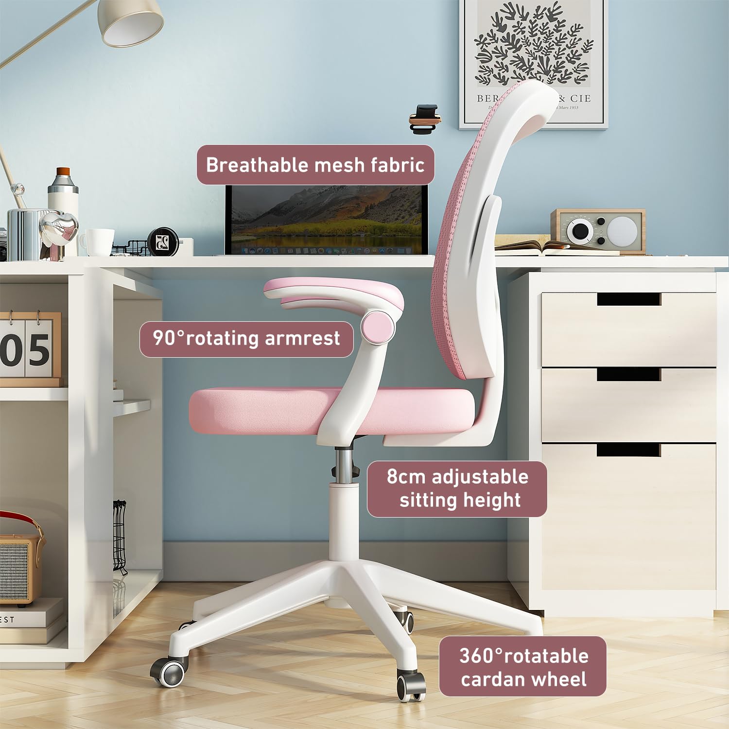 Silla de escritorio para niños y niñas con reposabrazos ajustables, silla de escritorio para niños con ruedas, silla de computadora para niños, silla de estudio de oficina para niños (rosa) 4