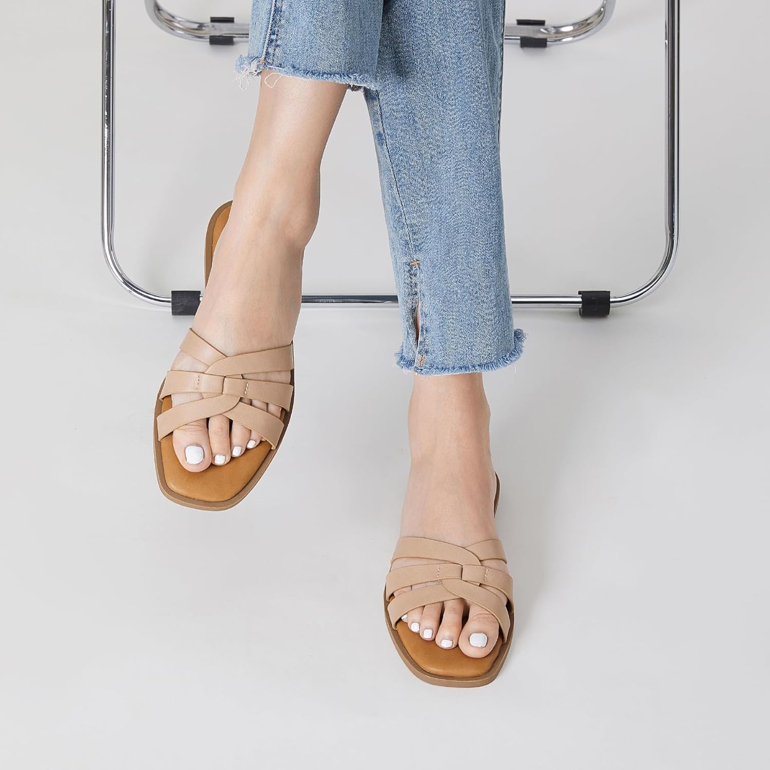 Trary Women's Flat Sandals Open Square Toe Slip on Slippers Casual Dressy Comfortable Soft Leather Summer Fashion Slide Sandals for Women Vacation Beach Party - Image 2