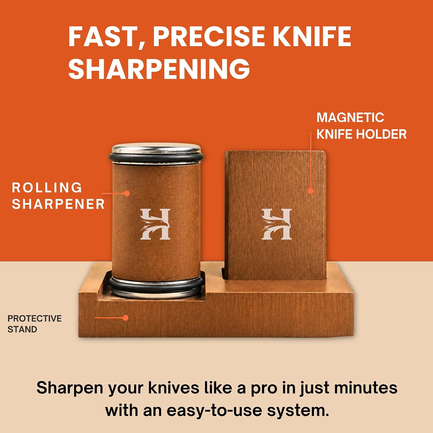 Rolling Knife Sharpener Kit with Leather Strop, Magnetic Knife Holder & Protective Stand, 15° & 20° Angle Knife Sharpener with Diamond & Ceramic Discs for Chef, Santoku & Paring Knives