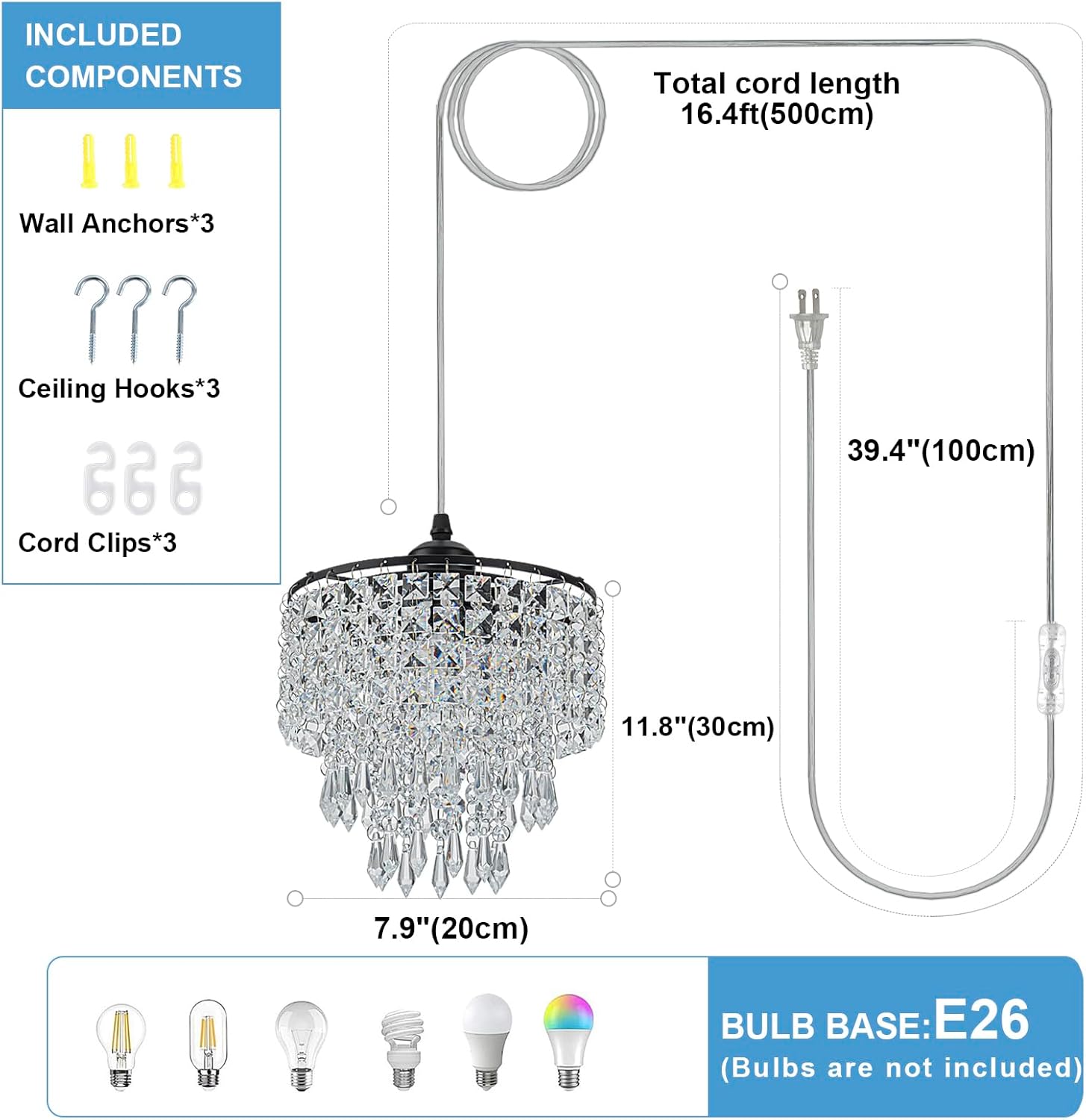 8" Chandelier Plug in Crystal Chandelier Pendant Light Plug in with 16.4ft Cord Hanging Lights 3-Tier Crystal Raindrop Chandeliers for Bedroom Kitchen Island Hallway Bathroom Closet (Black)