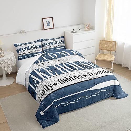 Miniatura 4 de Juego de ropa de cama de remo rústico para niños y niñas, diseño de casa de lago, edredón de diseño de casa de campo, colección de edredón náutico
