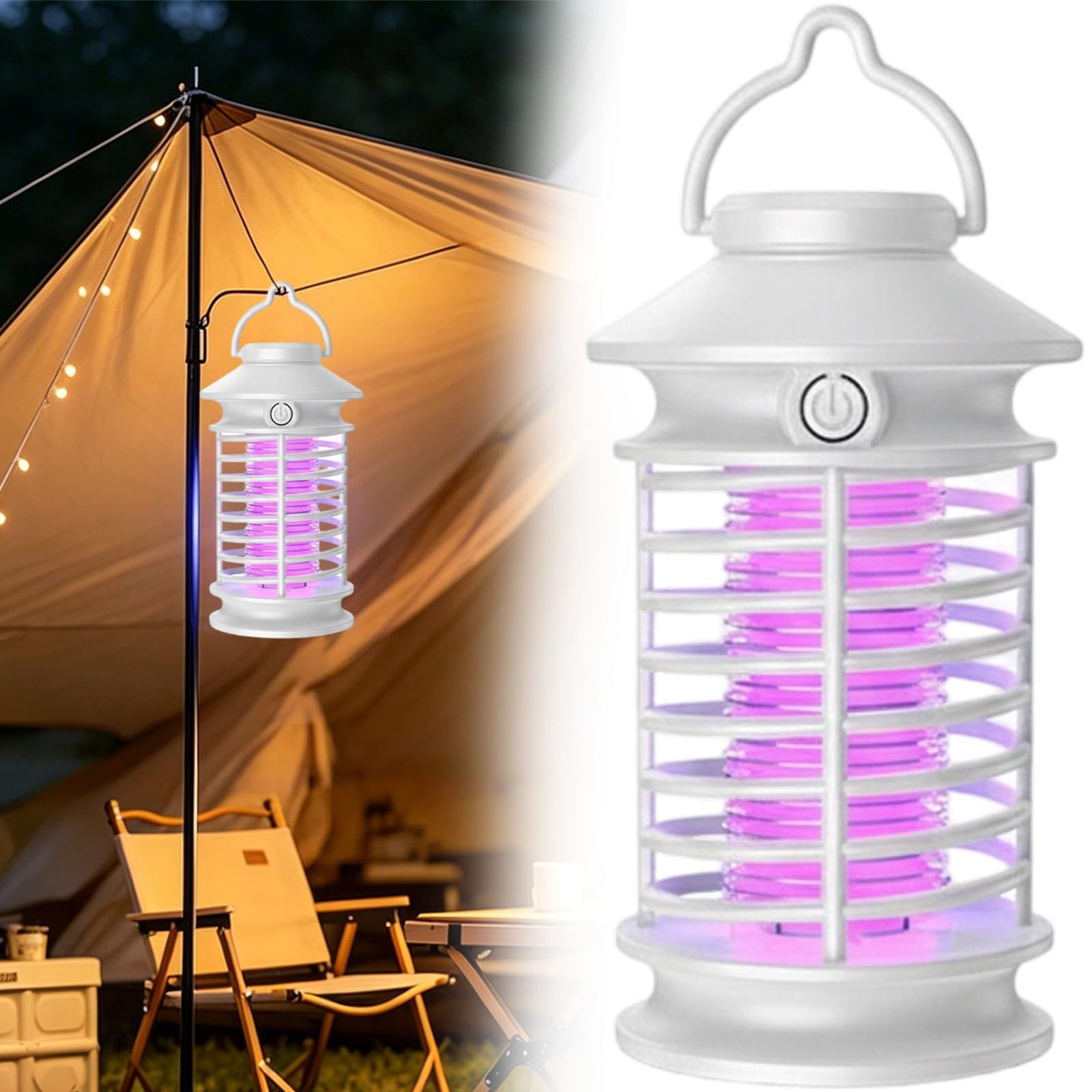 Electric Bug Zapper, Electric Camping Fly Killer, Mosquito Killer Lamp with UV Light, Fly Trap Lamp and Fly Catcher, Silent Fly Zapper for Outdoor & Indoor (A-White)