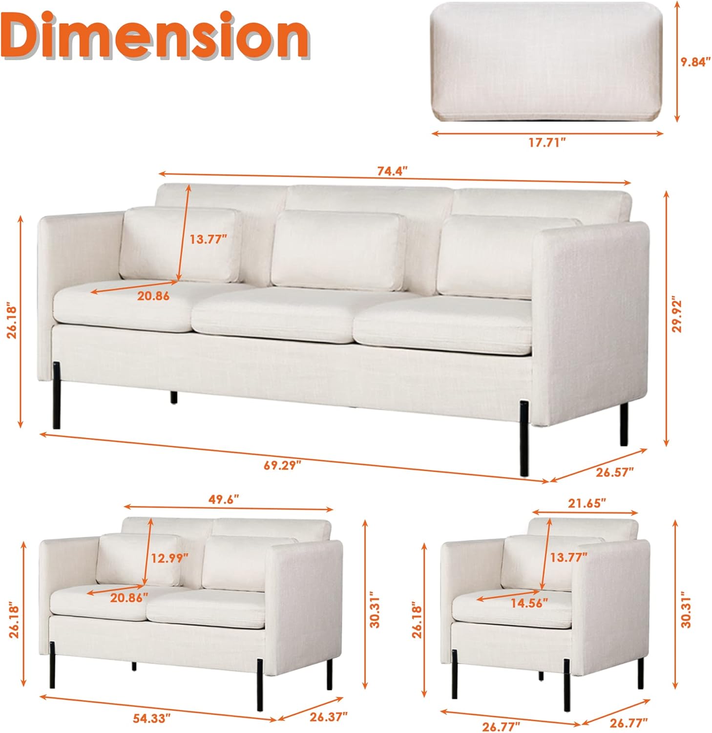 LINLUX Living Room Furniture Sets, Modern Sofa Set Loveseat Sofa Couches for Living Room w/Pillows, Linen Small Couch for Small Space, Bedroom, Apartment, Office(Cream Beige, 2 Chairs&Loveseat) : Home & Kitchen