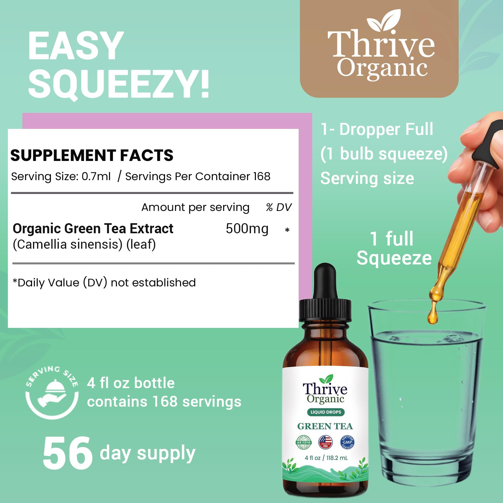Thrive Organic Green Tea Liquid Drops – Daily Wellness Support – Green Tea Camellia Sinensis Tincture – Vegan, Non-GMO, Alcohol & Sugar-Free – 3rd Party Lab Tested – Based in the USA – 4 fl oz — Amazon image 6