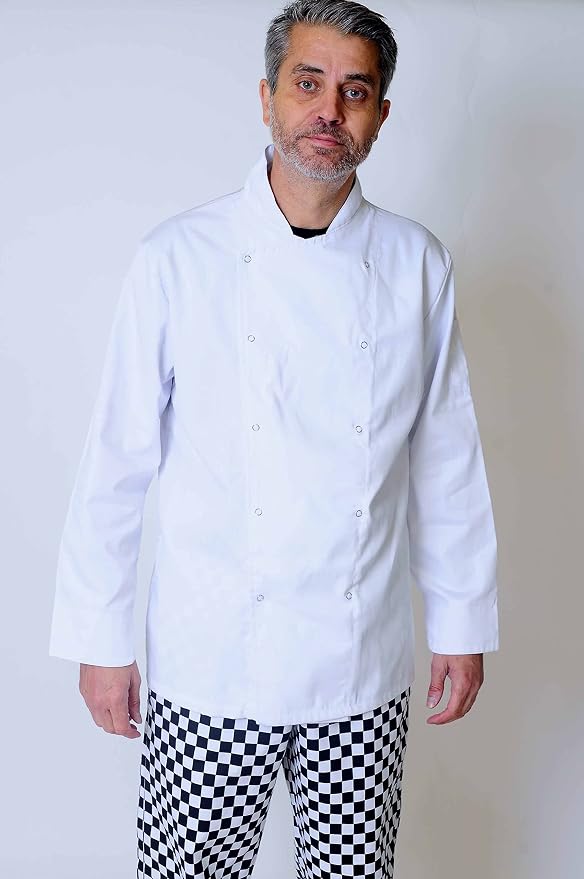 Veste De Chef Professionnelle IBEX – Manches Longues, Polycoton, Boutons-pression, Tailles XXS-5XL, Blanc/noir