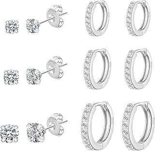 6 Pairs Sterling Silver Stud Earrings for Women,S925 Silver Tiny Stud Earrings Set for Multiple Piercing Cartilage Hypoallergenic Earrings Cubic Zirconia Small Stud Earrings